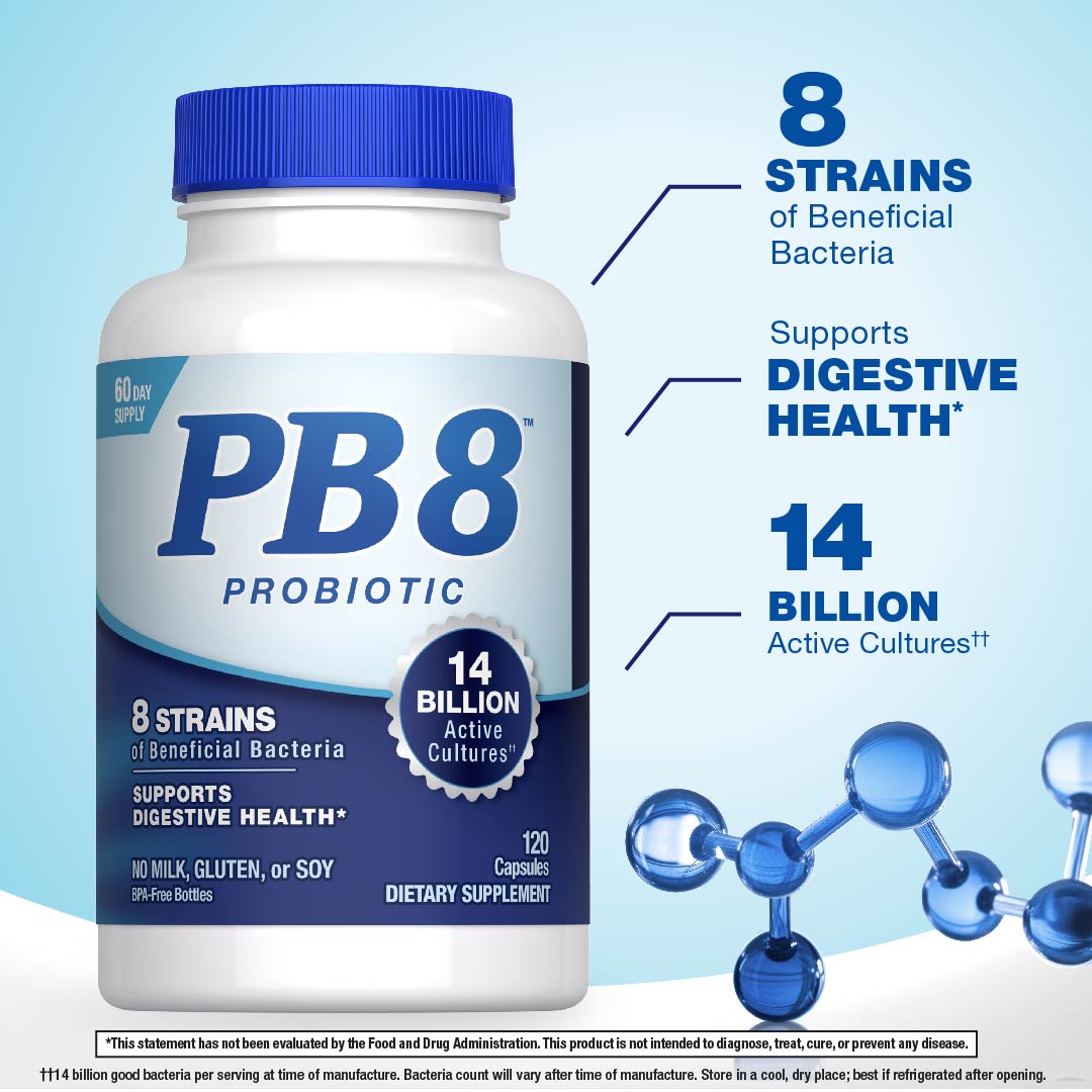 PB8 Probiotic bottle with 120 capsules, featuring 14 billion active cultures and 8 strains of beneficial bacteria for digestive health.