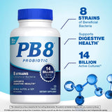 PB8 Probiotic bottle with 120 capsules, featuring 14 billion active cultures and 8 strains of beneficial bacteria for digestive health.