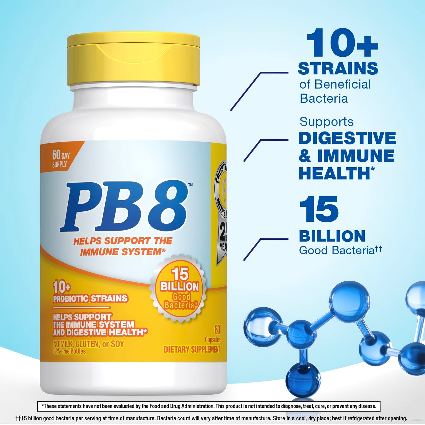 Product highlights graphic stating 10+ strains of beneficial bacteria, supports digestive and immune health*, 15 billion good bacteria††.