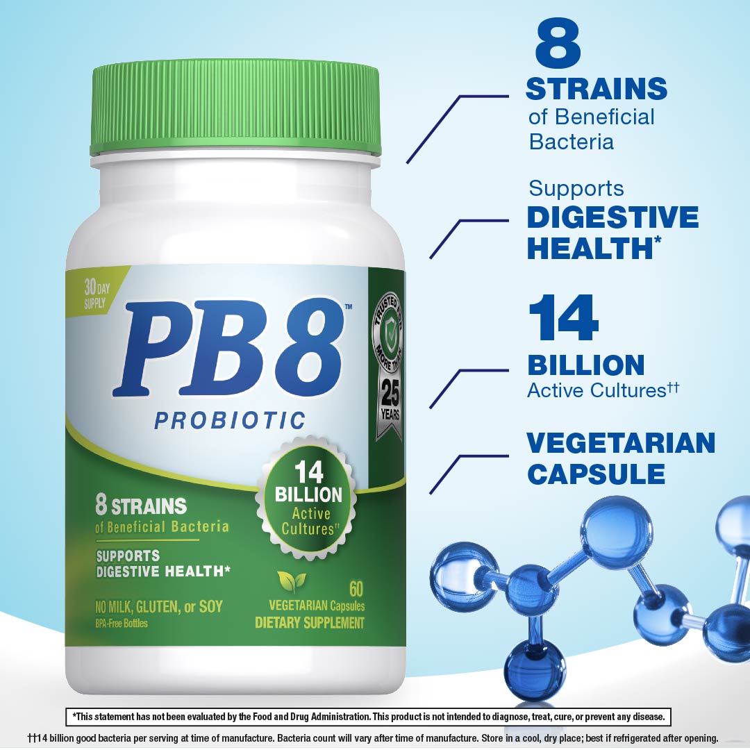 PB8 Probiotic with 14 billion active cultures in a bottle of 60 vegetarian capsules.