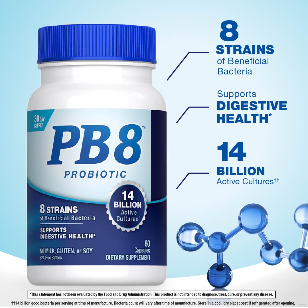 Product highlights graphic stating 8 STRAINS of Beneficial Bacteria, Supports DIGESTIVE HEALTH*, 14 BILLION Active Cultures††.