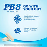PB8 14 Billion CFU Probiotic graphic, two white capsules. 'GO WITH YOUR GUT', 'Daily Probiotic Support', '8 Probiotic Strains'.