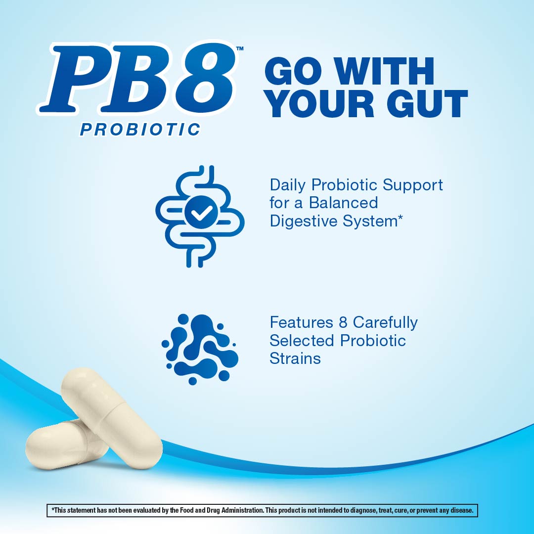 PB8 14 Billion CFU Probiotic graphic, two white capsules. 'GO WITH YOUR GUT', 'Daily Probiotic Support', '8 Probiotic Strains'.