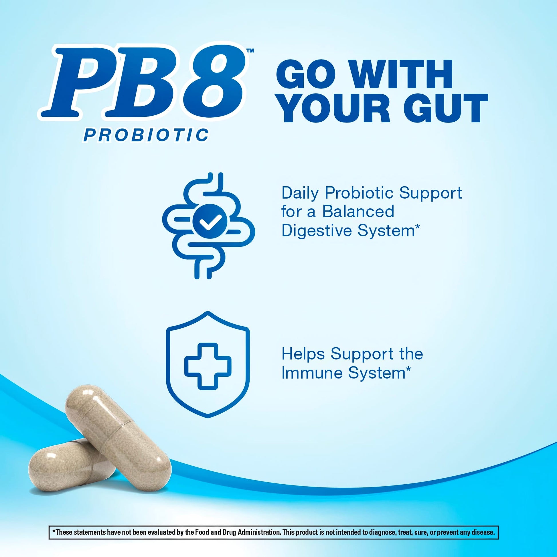 Product highlights graphic stating Daily Probiotic Support for a Balanced Digestive System*, and Helps Support the Immune System*.