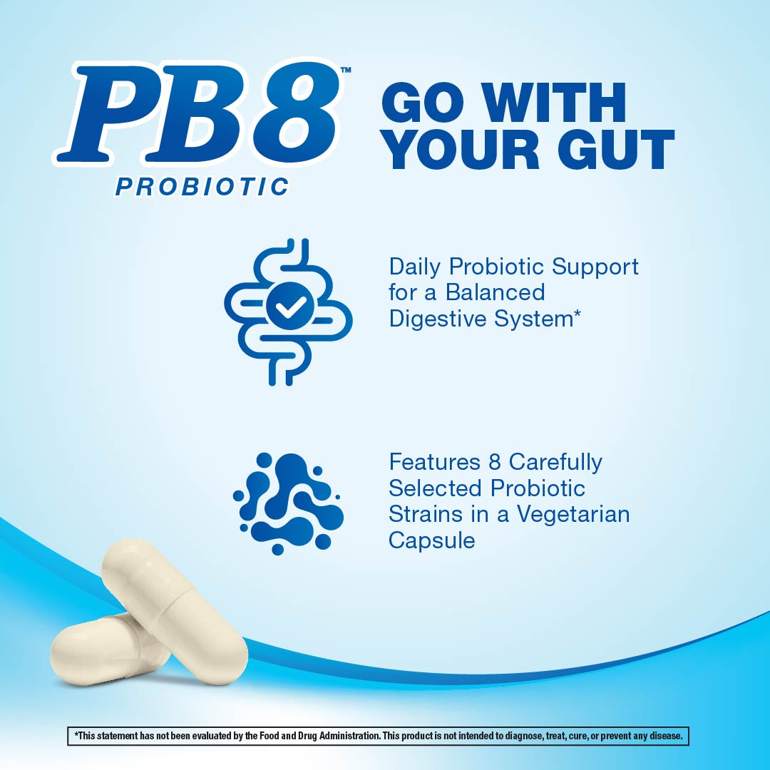 Product highlights graphic stating Probiotic Support for Balanced Digestive System*, 8 Carefully Selected Probiotic Strains in a Vegetarian Capsule