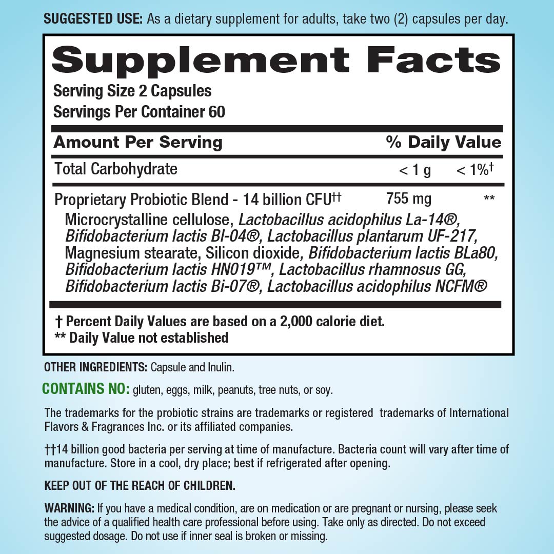 Supplement Facts panel for PB8 Probiotic with 14 Billion CFU in 120 Capsules.