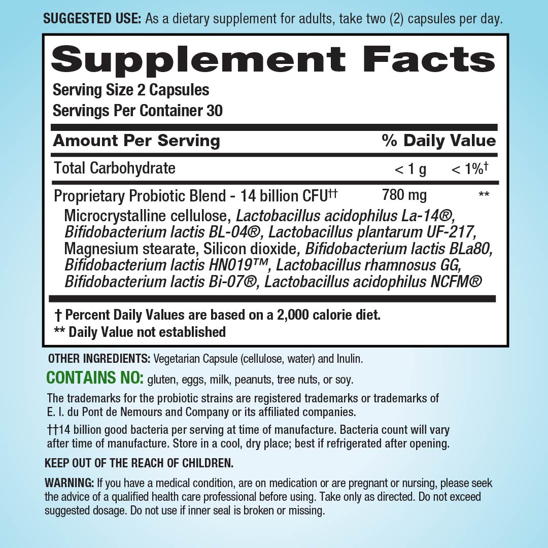 Supplement Facts panel for PB8 14 Billion CFU in 60 Vegetarian Capsules.