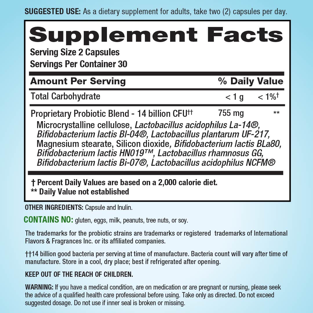 Supplement Facts panel showing PB8 Probiotic with 14 Billion CFU.