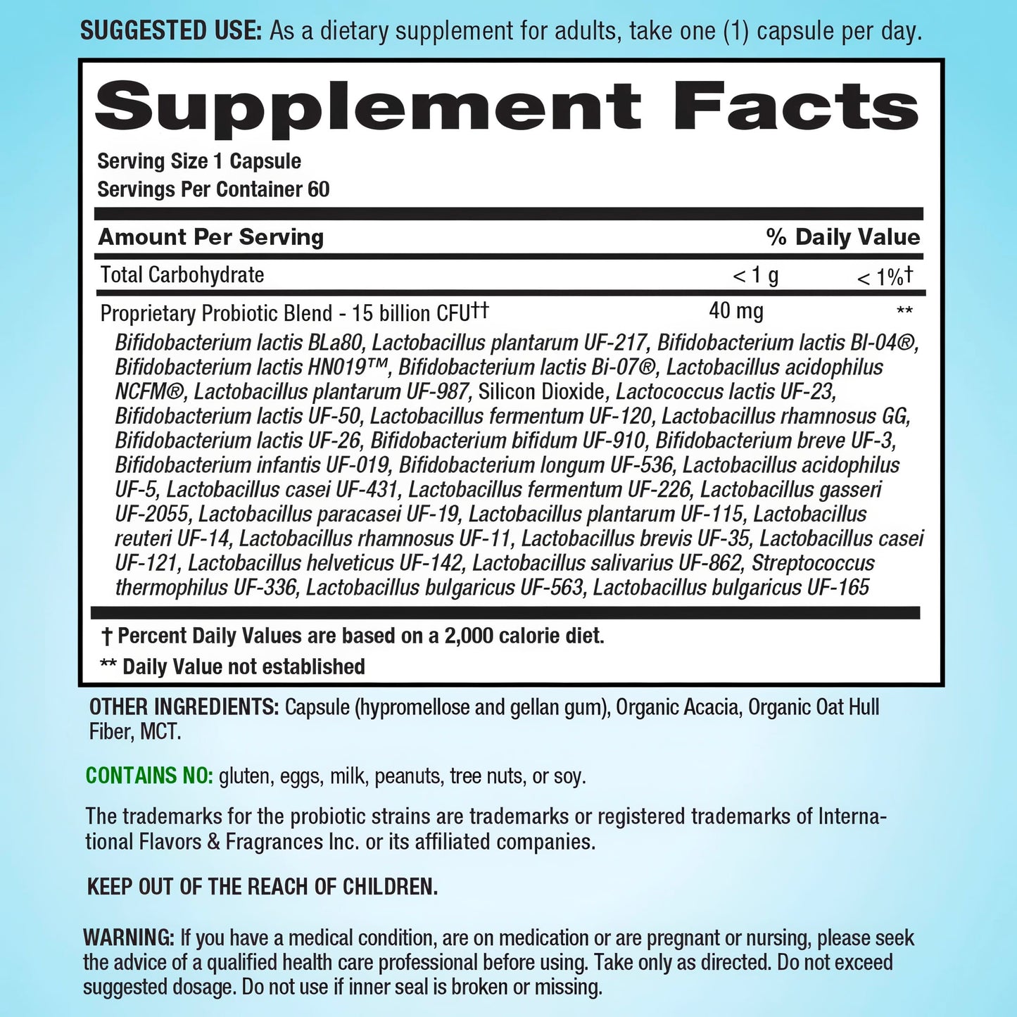 Supplement Facts panel displaying details for PB8 Immune Probiotic 60 Capsules.