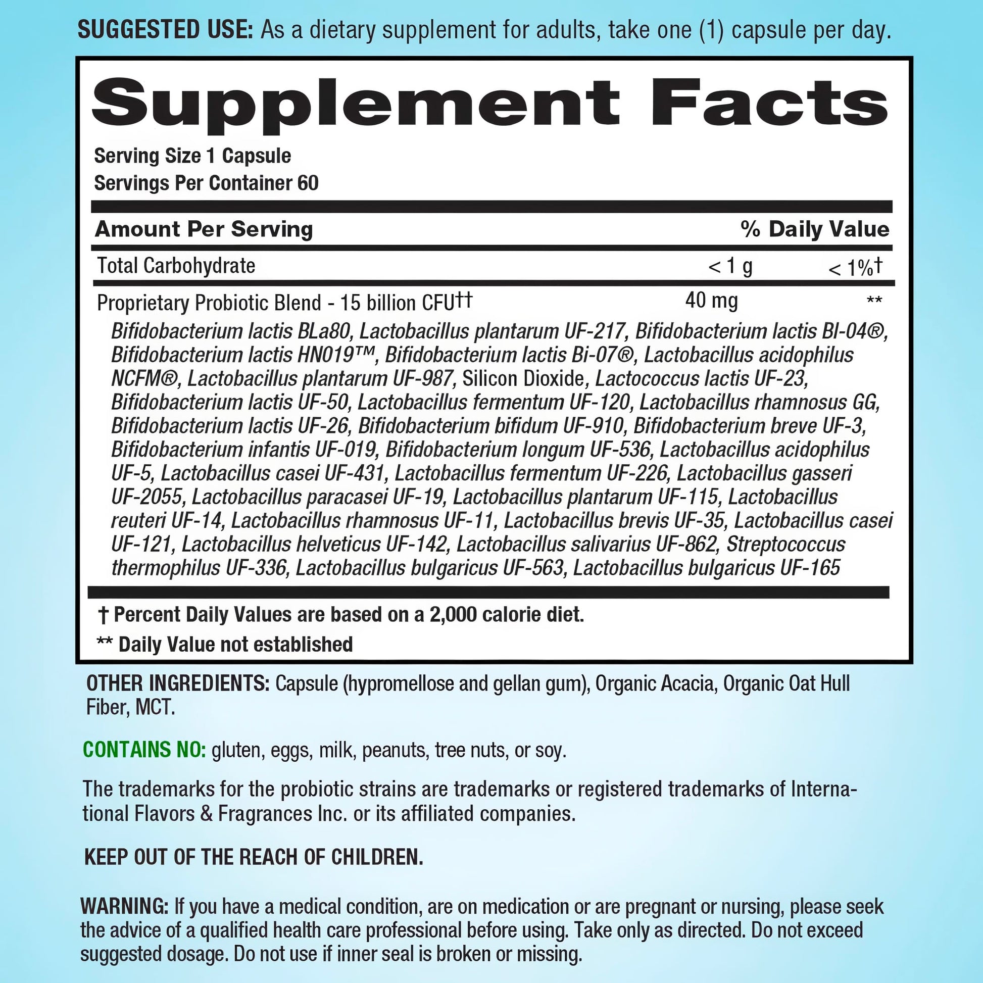 Supplement Facts panel displaying details for PB8 Immune Probiotic 60 Capsules.