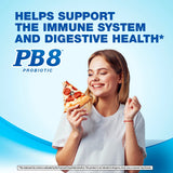 Smiling young woman holding a slice of pizza, highlighting PB8 Probiotic benefits.