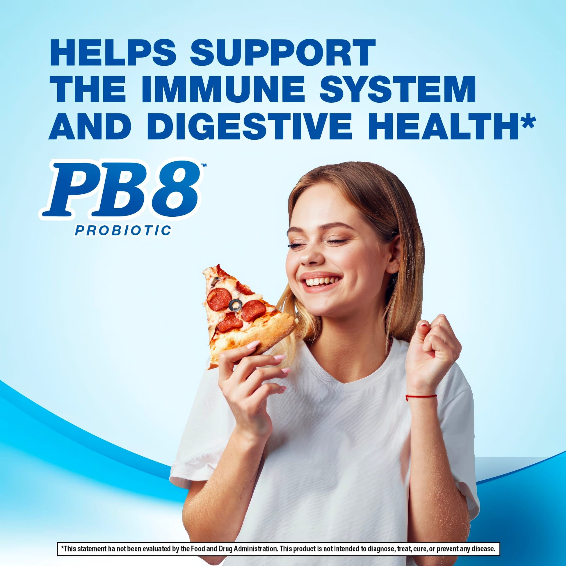 Smiling young woman holding a slice of pizza, highlighting PB8 Probiotic benefits.