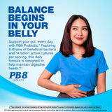 Young woman smiling and holding her belly beside text 'BALANCE BEGINS IN YOUR BELLY' and 'PB8 Probiotic'.