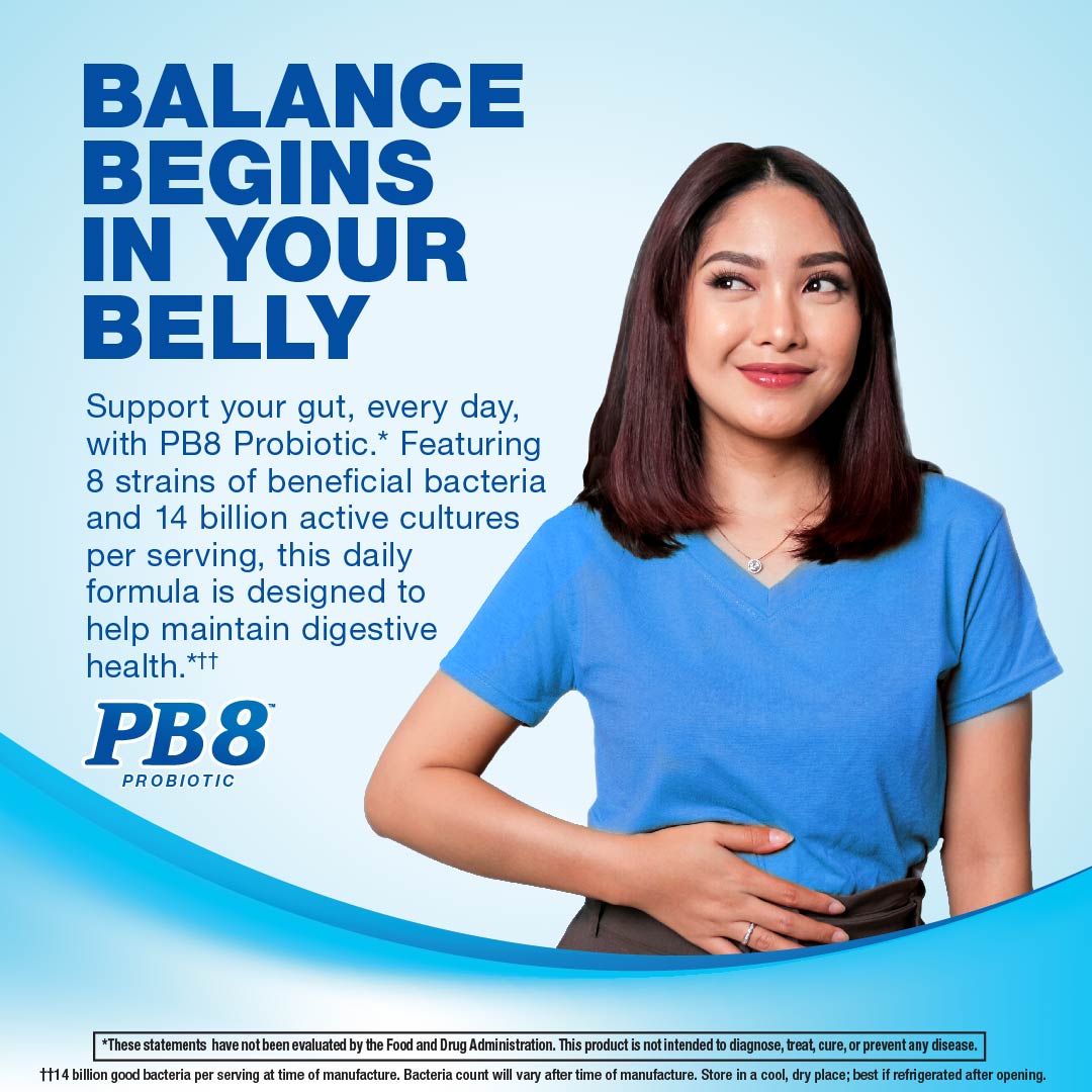 Young woman smiling and holding her belly beside text 'BALANCE BEGINS IN YOUR BELLY' and 'PB8 Probiotic'.