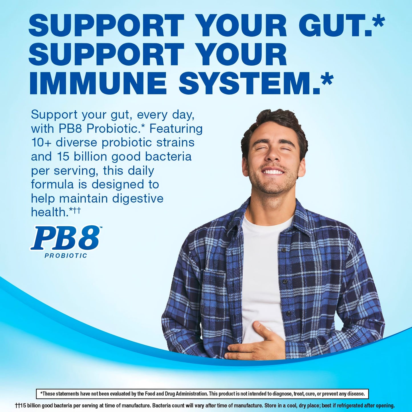 Young adult male smiling while holding his stomach, promoting PB8 Probiotic with visible text.