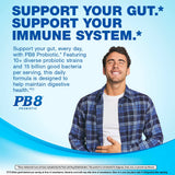 Young adult male smiling while holding his stomach, promoting PB8 Probiotic with visible text.