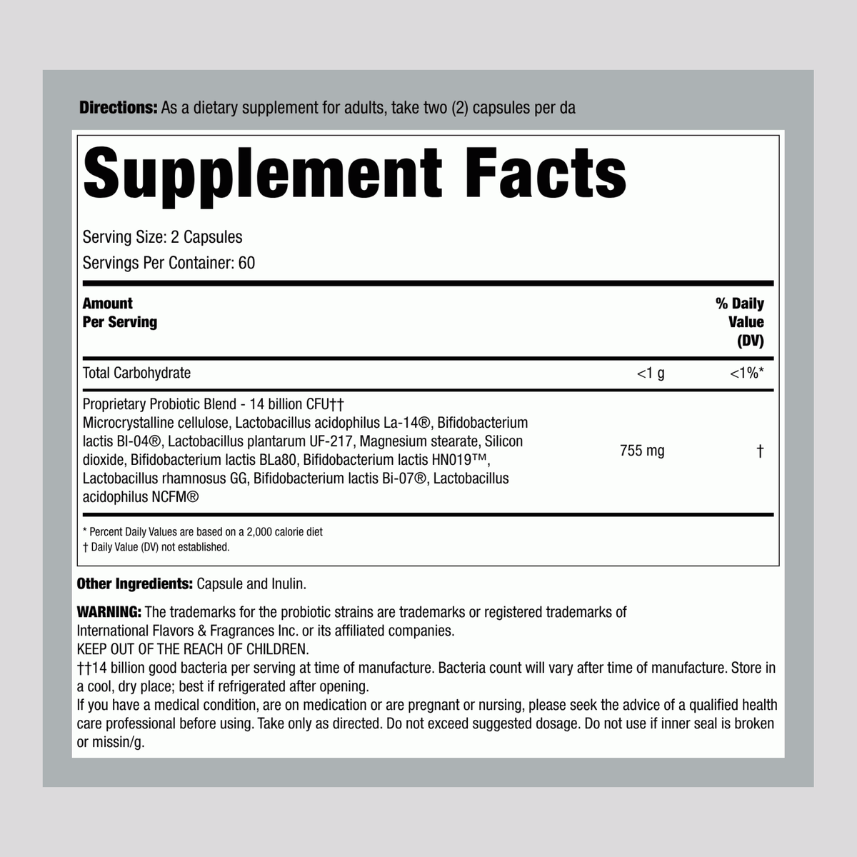 Supplement Facts label for PB8 14 Billion CFU Probiotic, 120 Capsules.