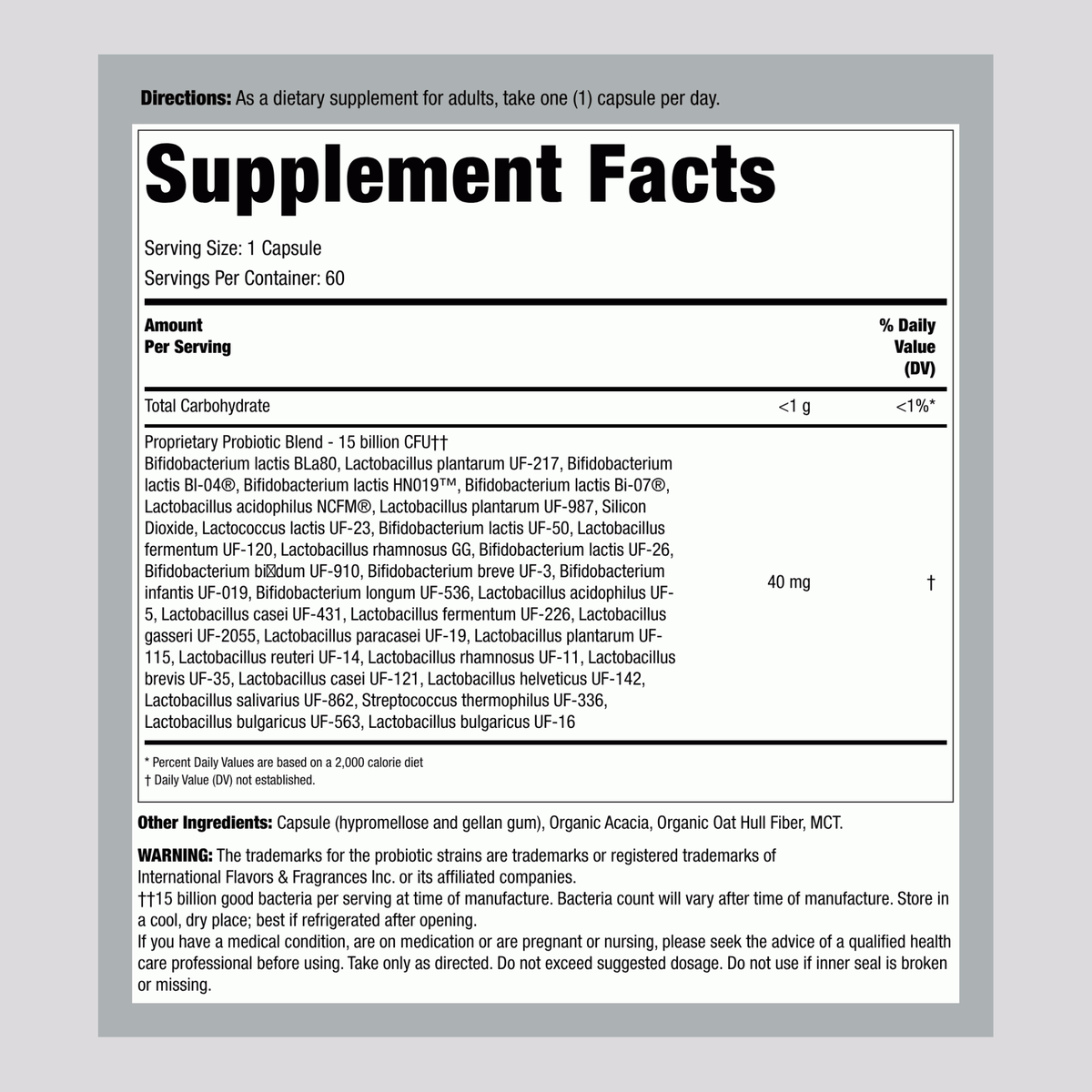 Supplement Facts panel for PB8 Immune Probiotic, 60 Capsules.