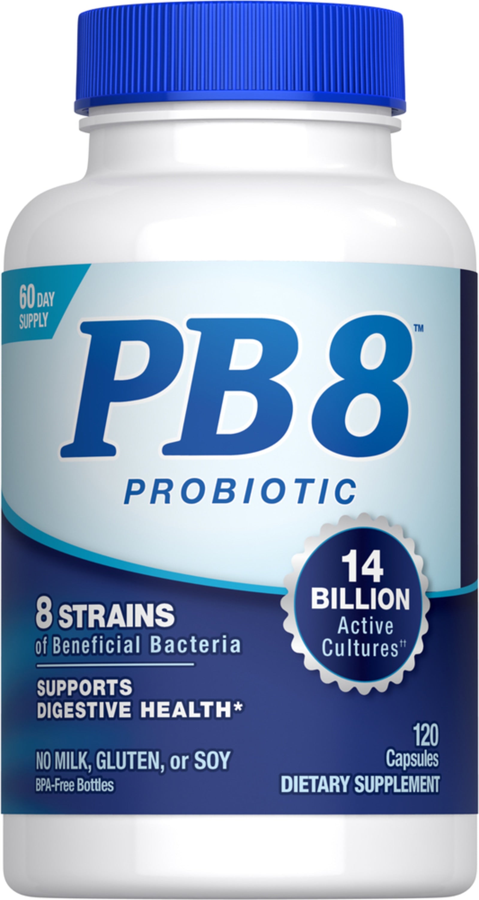 Supplement Facts panel for PB8 14 Billion CFU Probiotic, containing 120 capsules.