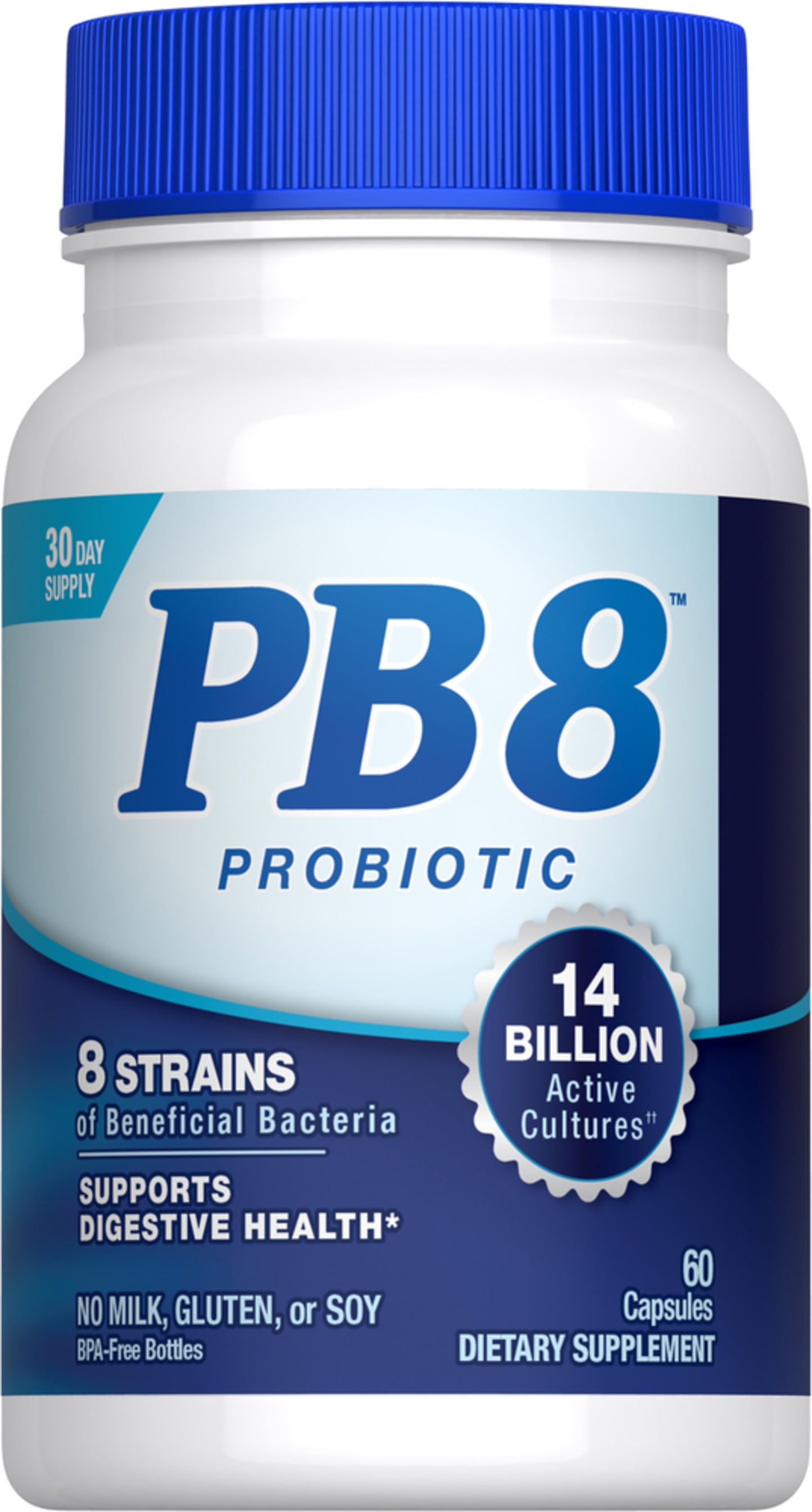 PB8 Probiotic Supplement containing 14 billion CFU with 60 capsules; supports digestive and immune health.