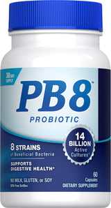 PB8 Probiotic Supplement containing 14 billion CFU with 60 capsules; supports digestive and immune health.