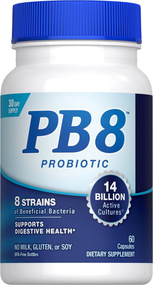 PB8 Probiotic Supplement containing 14 billion CFU with 60 capsules; supports digestive and immune health.