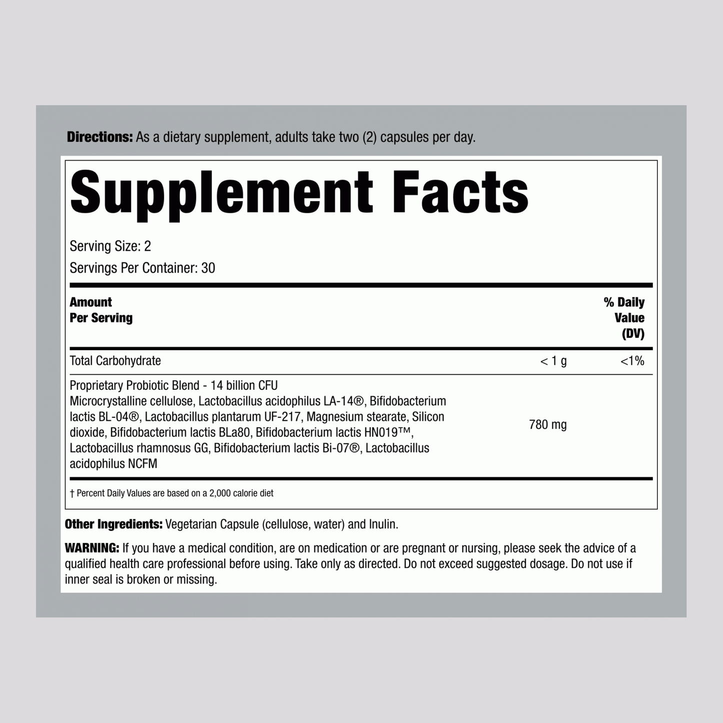 Supplement Facts for PB8 with 14 Billion CFU per serving, 60 Vegetarian Capsules.