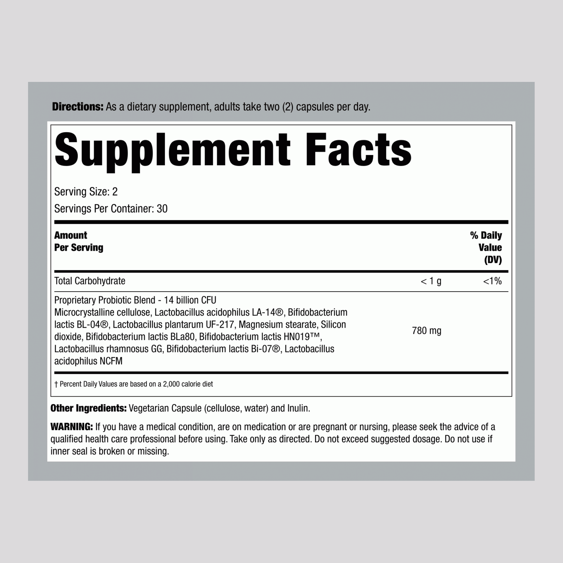 Supplement Facts for PB8 with 14 Billion CFU per serving, 60 Vegetarian Capsules.