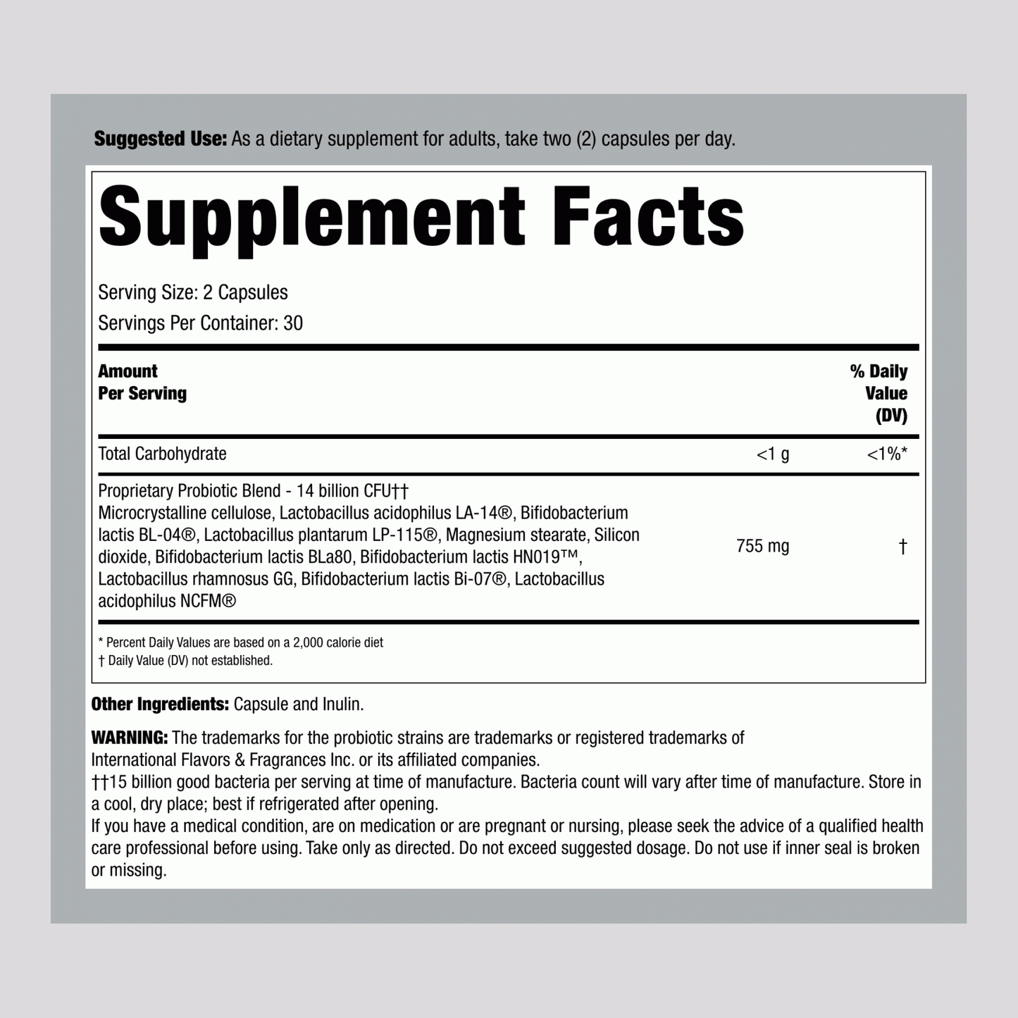 Supplement Facts panel for PB8 Probiotic, containing 14 Billion CFU and 60 capsules, displayed.