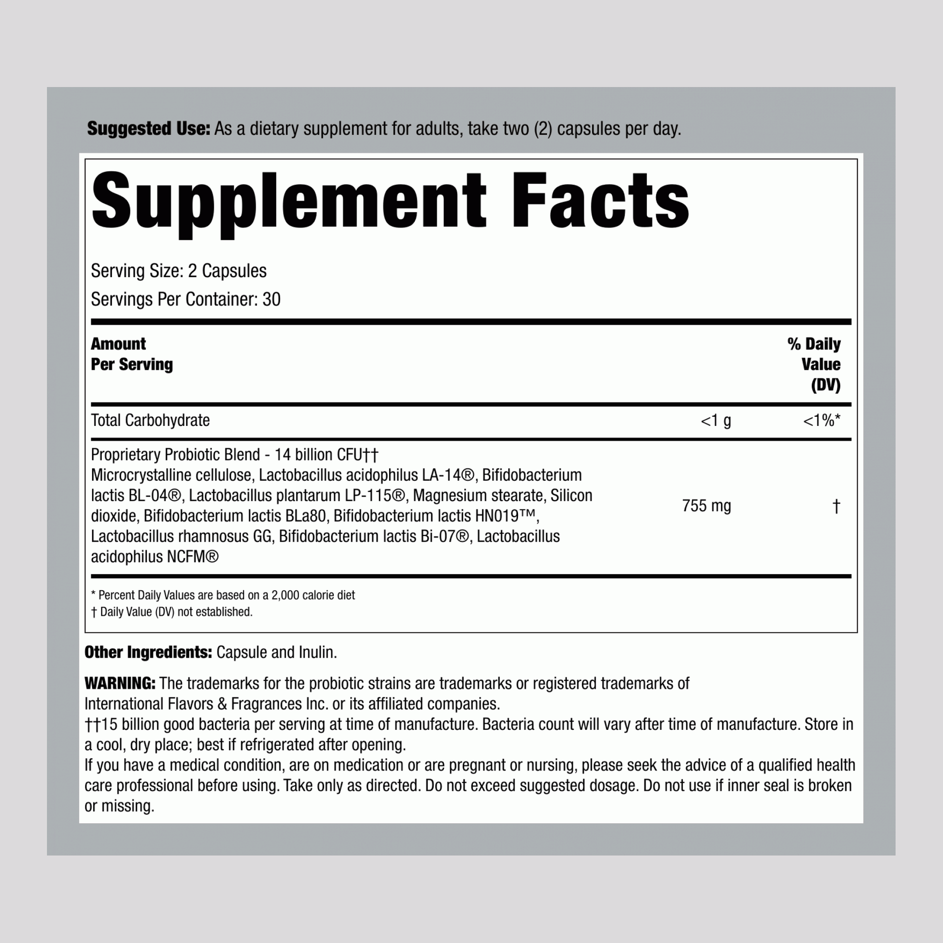 Supplement Facts panel for PB8 Probiotic, containing 14 Billion CFU and 60 capsules, displayed.
