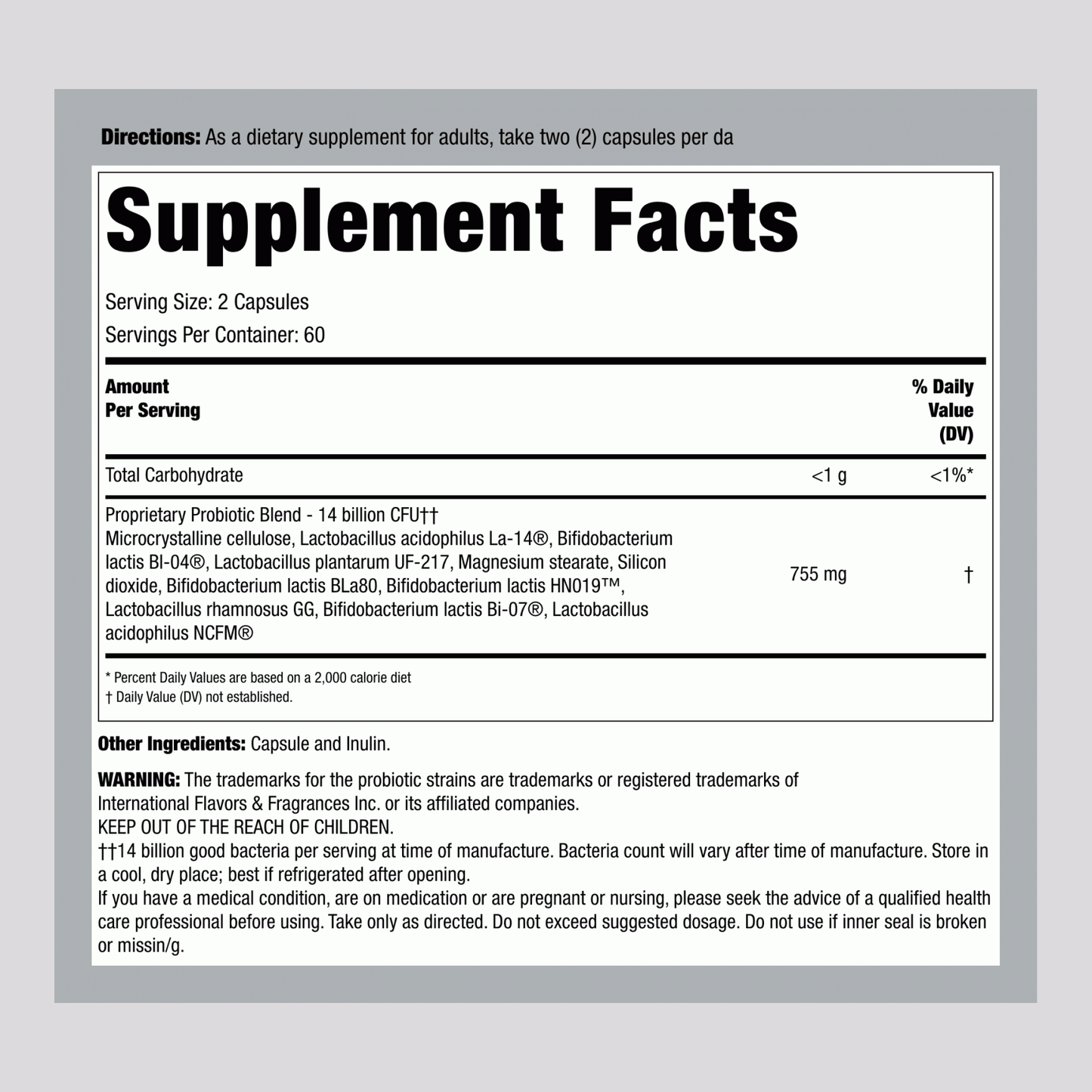 Supplement Facts panel for PB8 14 Billion CFU Probiotic, 120 Capsules.