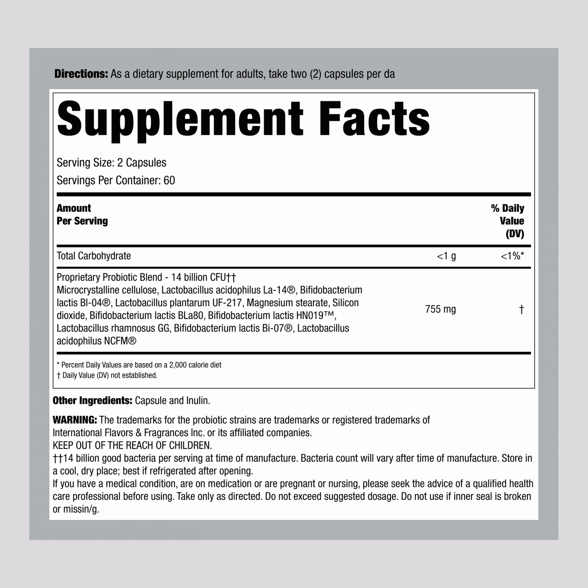 Supplement Facts panel for PB8 14 Billion CFU Probiotic, 120 Capsules.